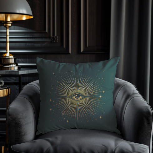 Green throw pillow cover featuring a radiant gold all-seeing eye design with star-like sparkles, ideal for mystical or cosmic-themed decor.
